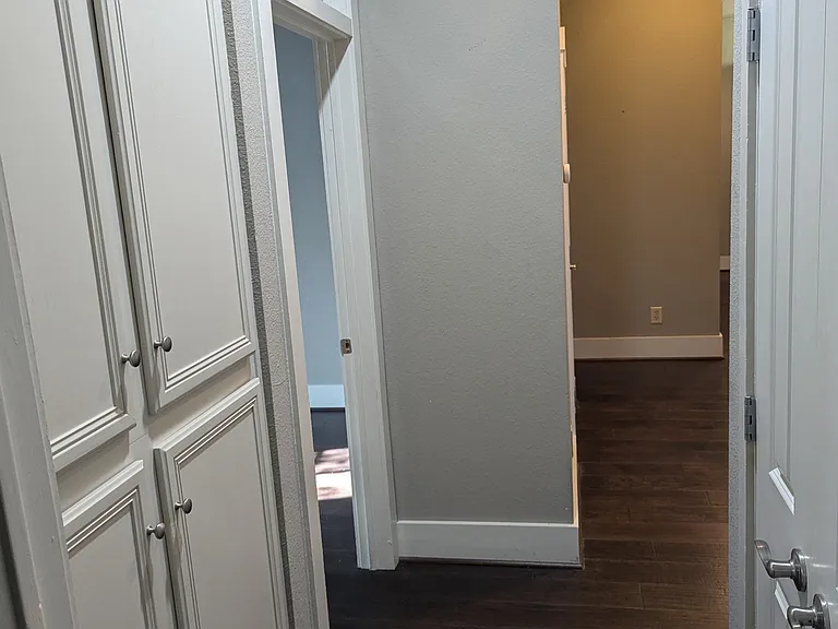 Coat closet, linen built in cabinets, in-unit washer and dryer, transoms.