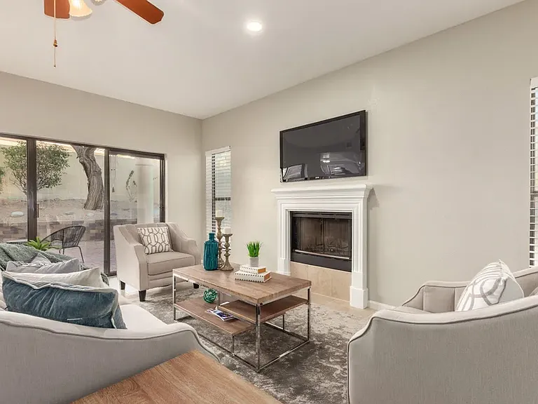 Family room, private sliding glass doors to backyard with pet door installed