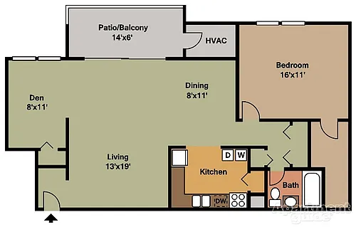 Floor plan 1BR-1BA w Den