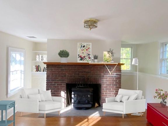 Livingroom with working wood stove (furniture staged digitally).