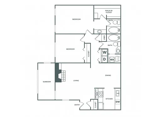 Floor plan Two Bedroom Two Bath with Den (1300 SF)