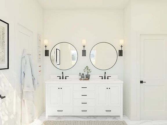 Primary bath with freestanding vanity