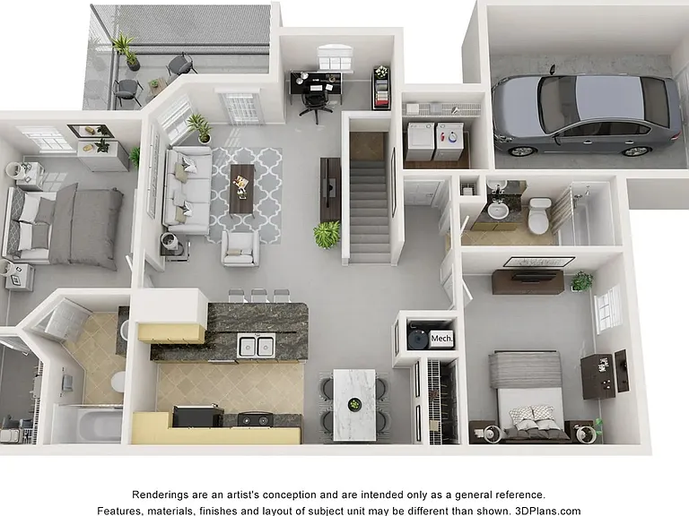A 3D floor plan rendering of The Genova with Garage.