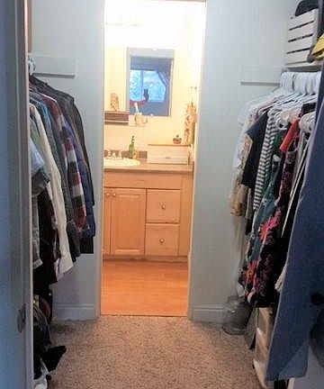 The master bedroom attaches to a walk-in closet, which has a private door into the bathroom. The bathroom may also be accessed from the hallway next to the front door.