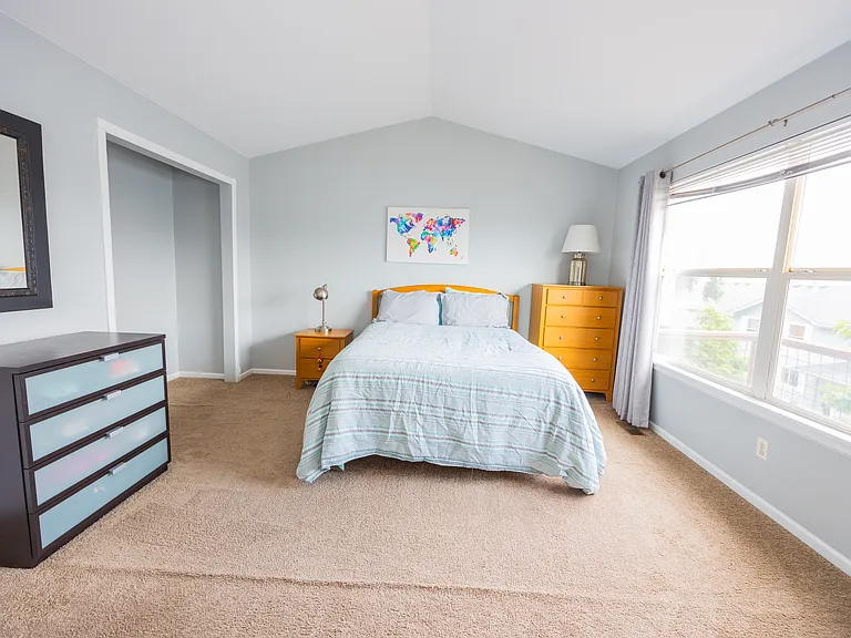 main bedroom with southern facing windows (with vinyl plank flooring)