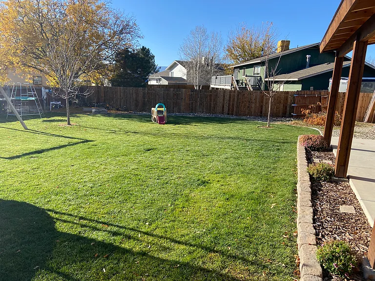 Large backyard with mature trees and plenty of outdoor space to relax, play, garden, or enjoy Colorado evenings_with lawn maintenance included.