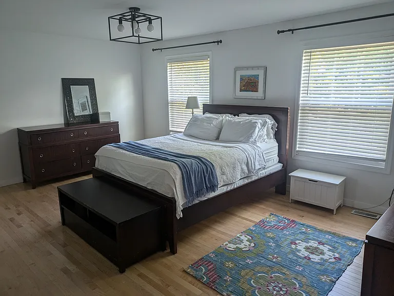 Large primary bedroom with walk-in custom closet