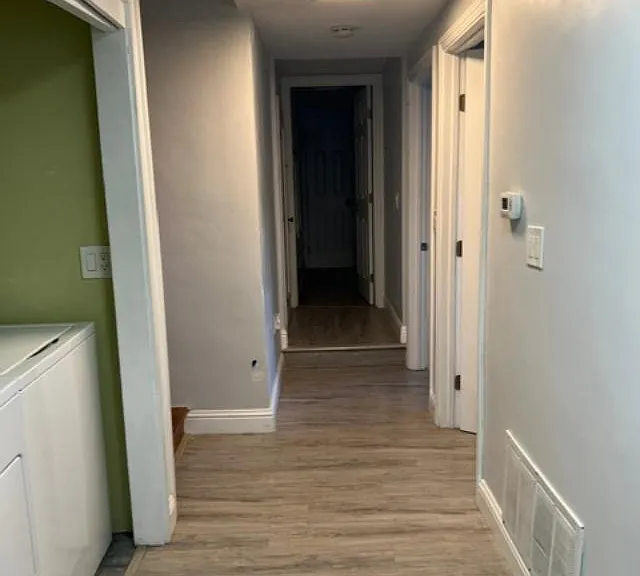 Hallway in unit. Washer dryer on left.