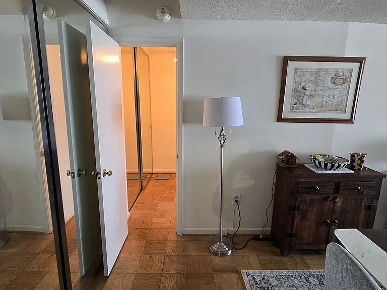 Door opens to a small hallway that holds a closet and doors to the bathroom and bedroom.