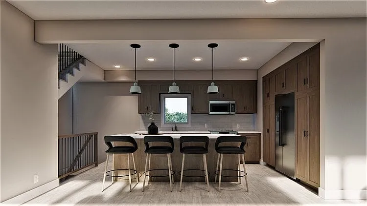 Kitchen rendering with seating at island at Lyric Townhomes.