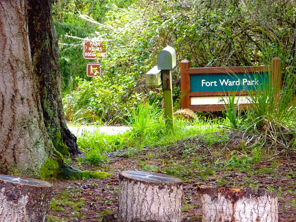 View of entry to Fort Ward Park from front yard of duplex.