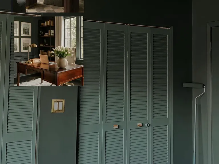Updated office, color drenched in a earth-tone green