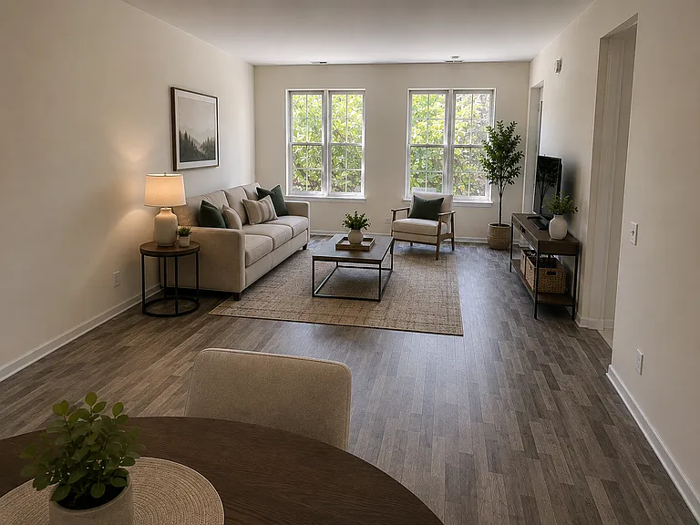 Living Room is virtually staged. The flooring is original. Blinds are being installed in all windows throughout the residence: 2" cordless
