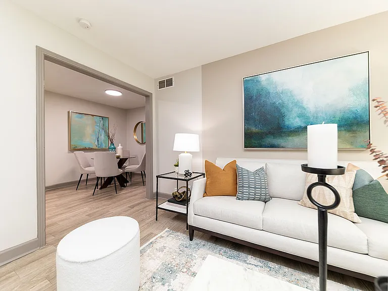 Spacious living room with hardwood-style flooring