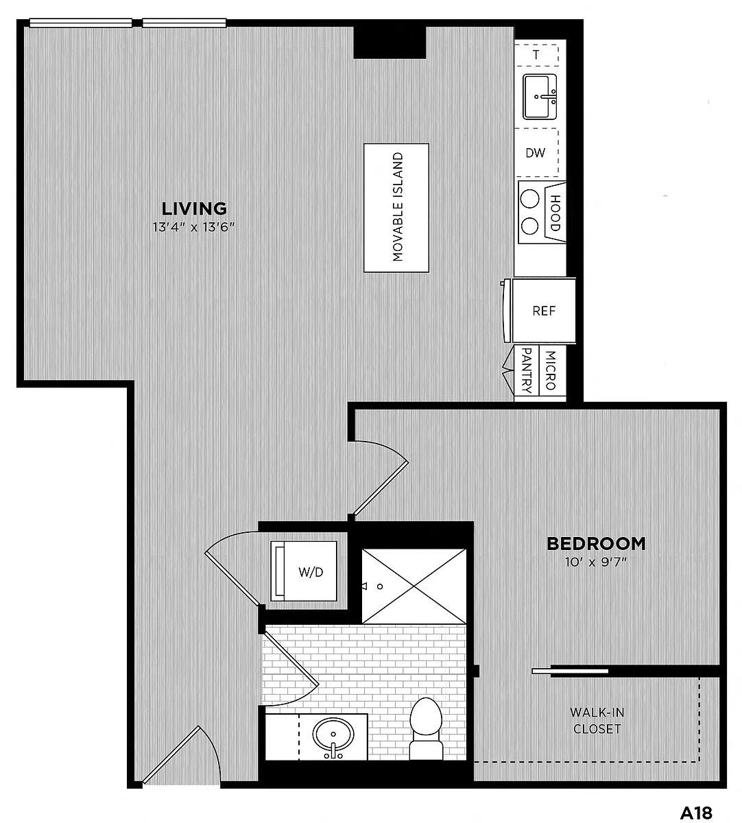 Floor plan 1 Bed - 1 Bath | Bloomfield A18