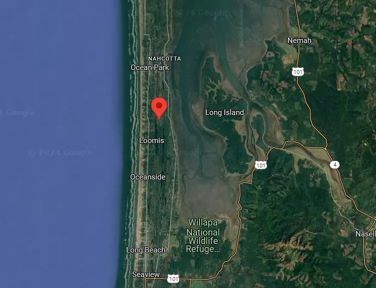 Aerial photo of location on peninsula - about halfway up. 9 miles from Long Beach, 3 miles Ocean Park, 2 miles from beach approach