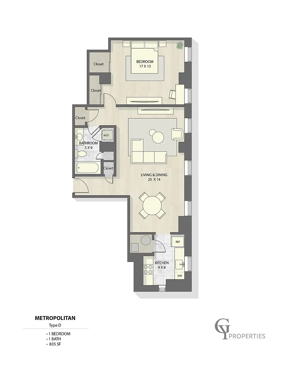 Floor plan Type D - 1 BR 1 bath