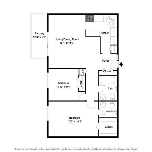 Floor plan 2 Bed 1.5 Bath Style D
