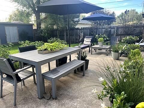 Large backyard + sprinkler system + large storage shed + fenced yard