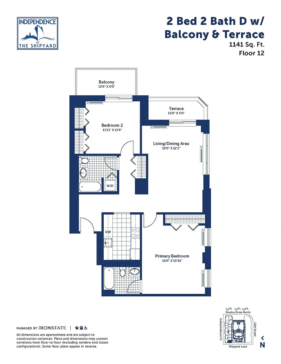 Floor plan 2 Bed 2 Bath D With Balcony and Terrace