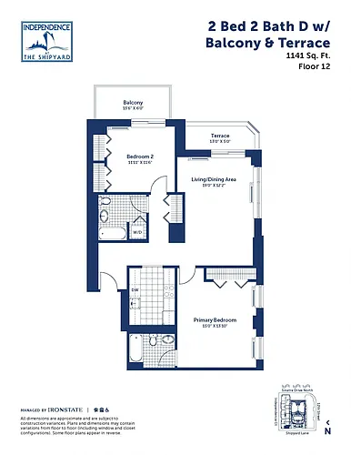 Floor plan 2 Bed 2 Bath D With Balcony and Terrace