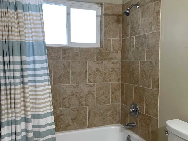 Bathroom with bathtub with shower and toilet