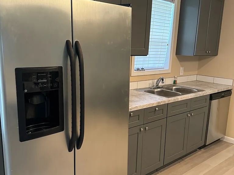 New fridge, cabinets, countertop, sink, dishwasher, new floor