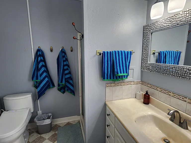 The bathroom's Toto toilet features a bidet seat.