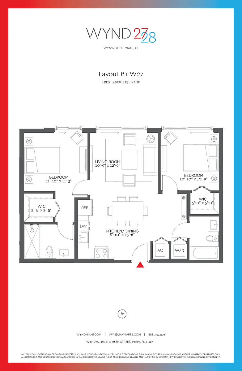 Floor plan W27 - 2BR 2BA (891 SF)