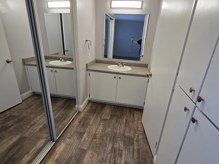 Vanity with the grey wood-like vinyl planks