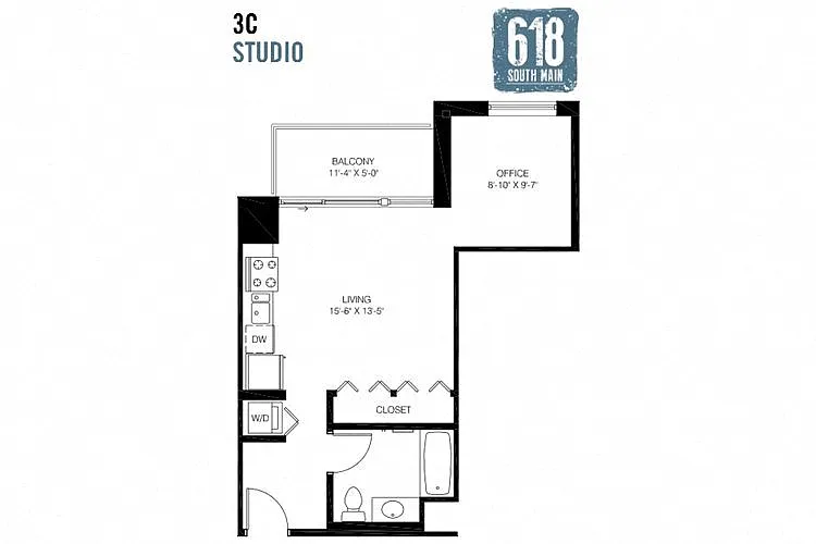 Floor plan Studio 1 Bath w/Den 518 sq. ft.