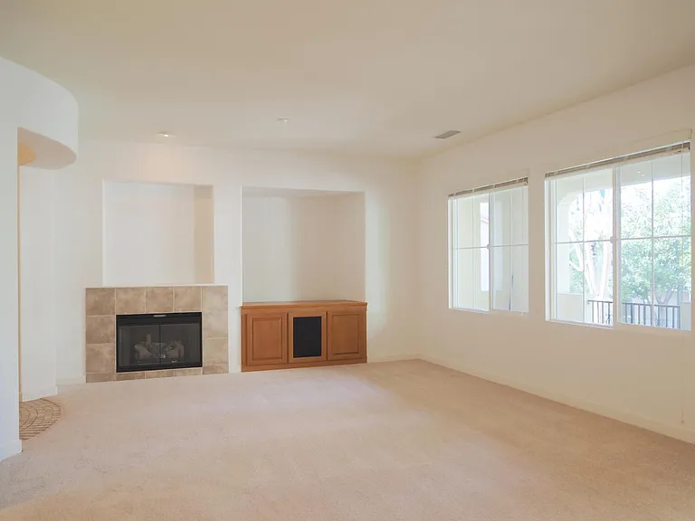 Gas fireplace next to built-in entertainment center