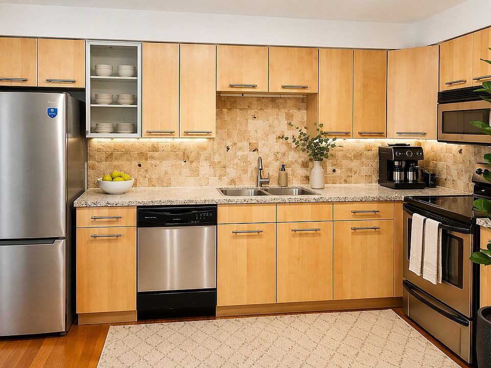 Spacious Kitchen with hardwood floors, upgraded cabinets and stainless steel appliances