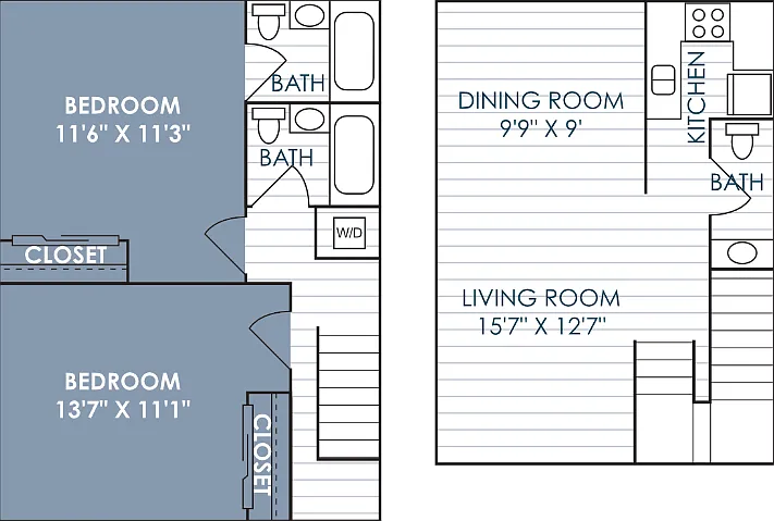 2 Bed 2.5 Bath Floorplan Diagram