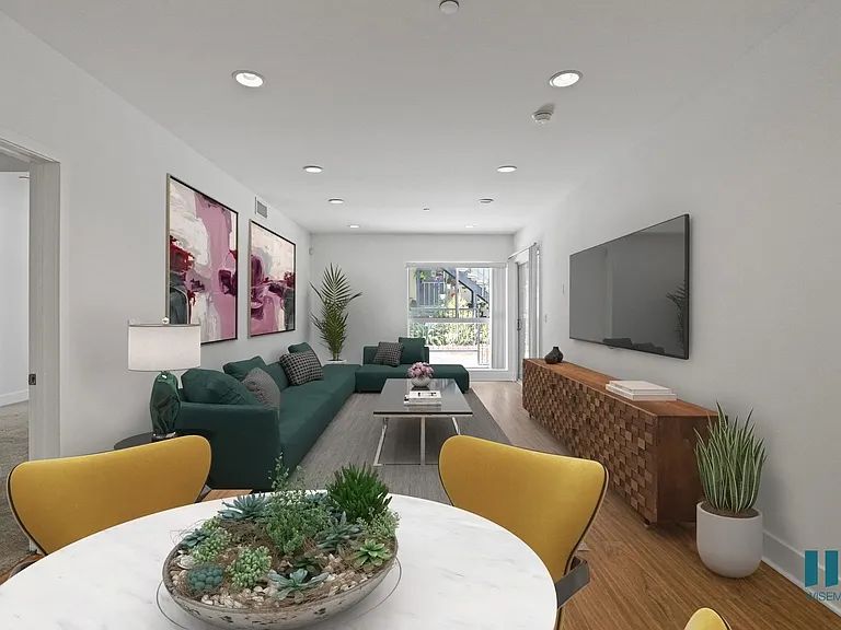 Dining And Living Room with Recessed Lighting, Vinyl Flooring, and Large-Size Windows