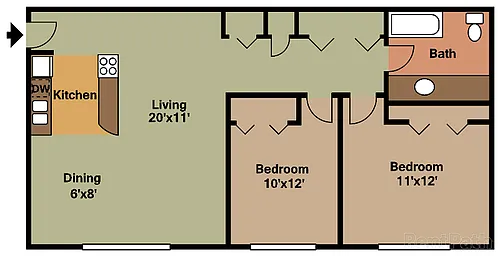 Floor plan 211 - 2 Bdrm, 1 Bath, 1st Floor