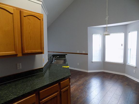 kitchen island and large bay windows