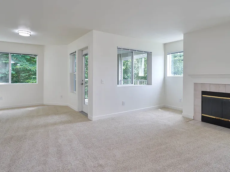 Carpeted Living Room with Balcony and Fireplace