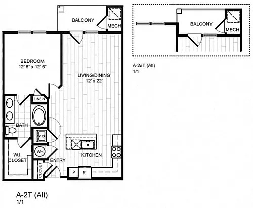 Floor plan 1 Bed, 1 Bath - A2T