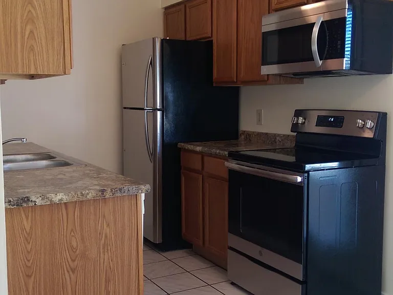 View of kitchen from dining area