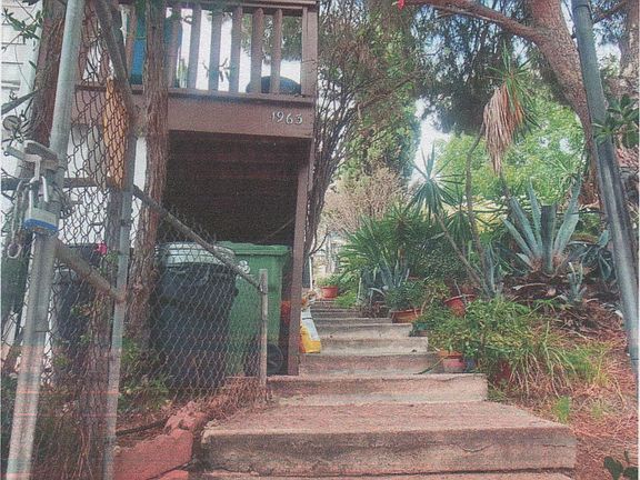STAIRWAY TO HOUSE ENTRY DOOR SIDED BY SHADY PINE TREE.
