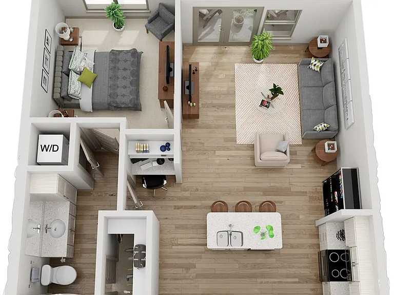Discover the allure of the "Edison," a sophisticated 733 sqft 1-bedroom floor plan that exudes both charm and functionality. With an open-concept design, this spacious layout provides a seamless flow between the living, dining, and kitchen areas. The well