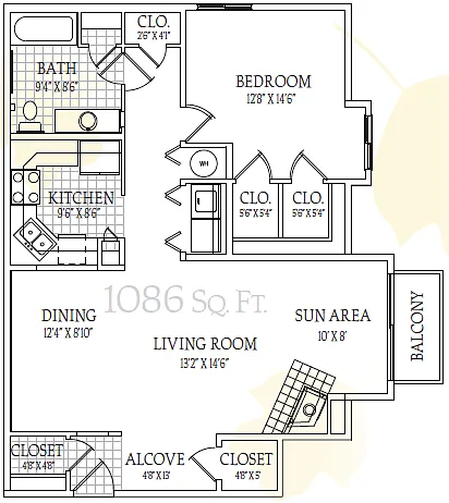 Floor plan One Bedroom One Bathroom (1,086 Square Feet)