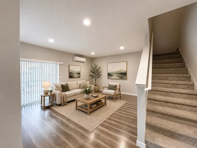 Main floor living room with balcony access. Virtually staged.