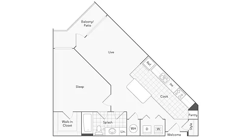 Floor plan 1 Bed 1 Bath Washer Dryer B
