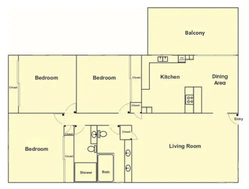 Floor plan 3 Bedroom, 2 Bath- Upstairs
