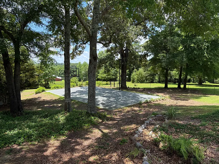 Basketball court or pickleball court. Light included for evening play. Comes with a net and the gear you need to play.