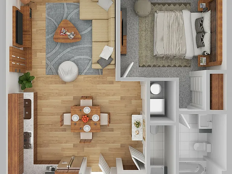 Explore the dynamic layout of this chic apartment, designed for modern living. Explore the dynamic layout of this chic apartment, designed for modern living.