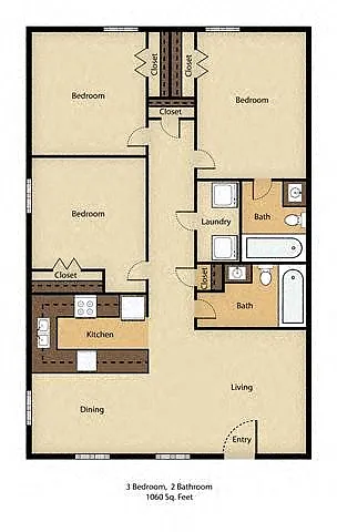 Floor plan 3 Bedroom, 2 Bathroom