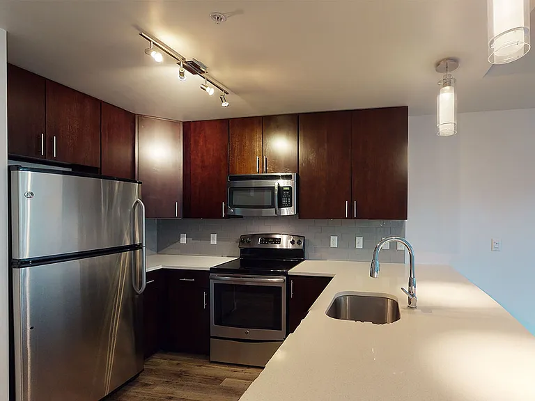 Apartment kitchen with stainless steel appliances, quartz countertops and wood-style flooring.